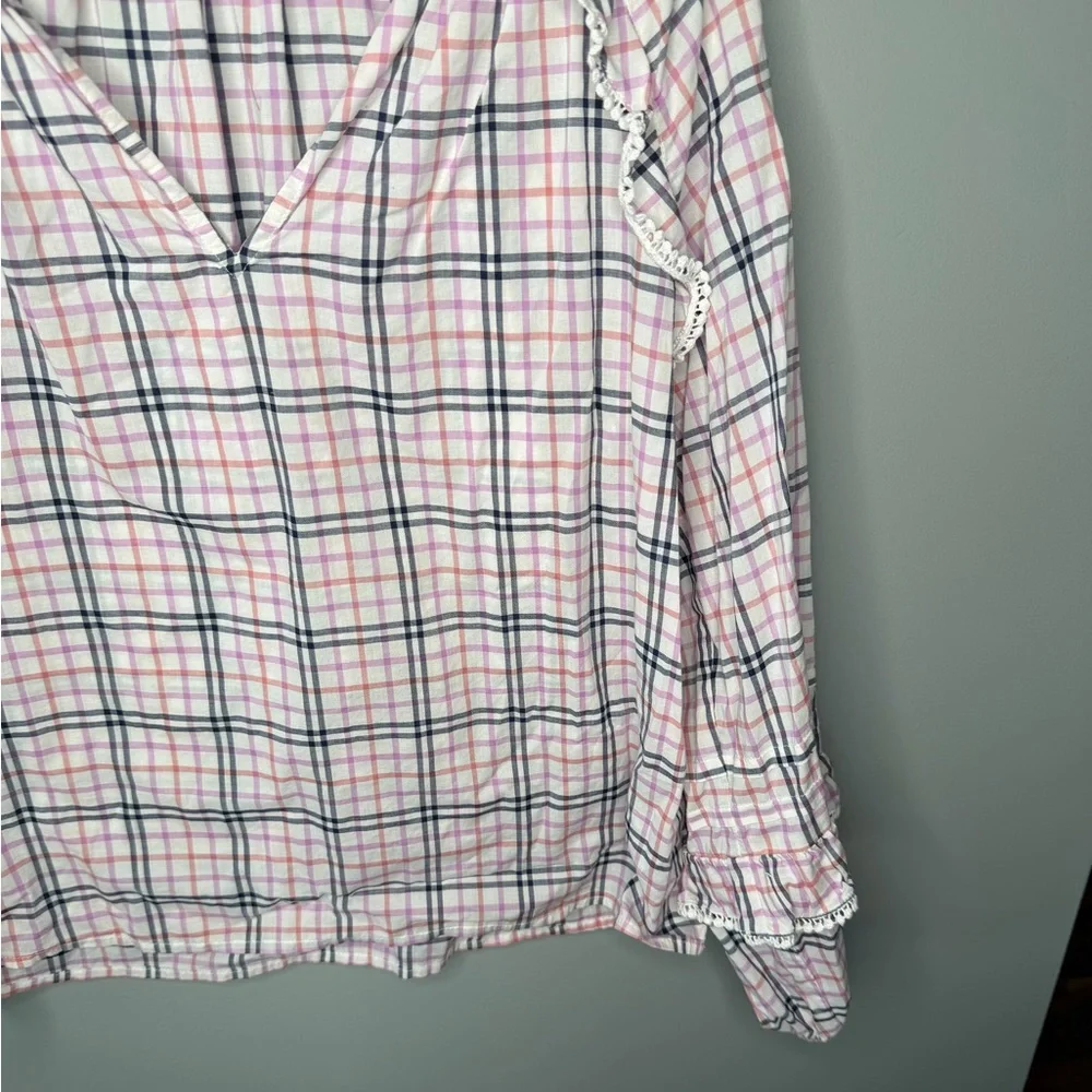 J. Crew Plaid Ruffle Trim Peasant Top